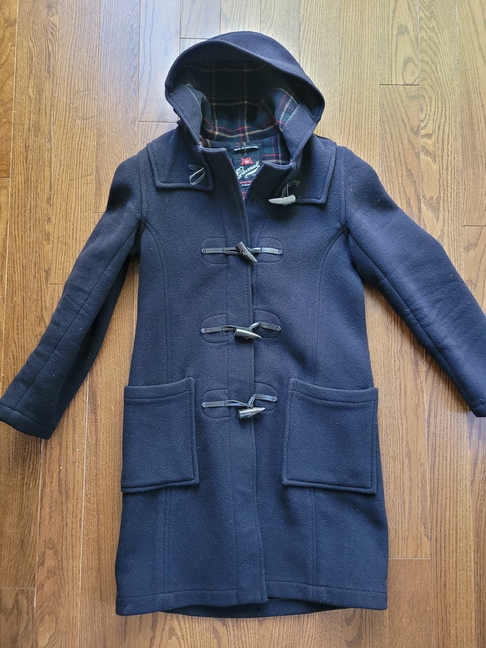 Gloverall Navy Wool Blend Hooded Duffle Coat Plaid Interior Made in England
